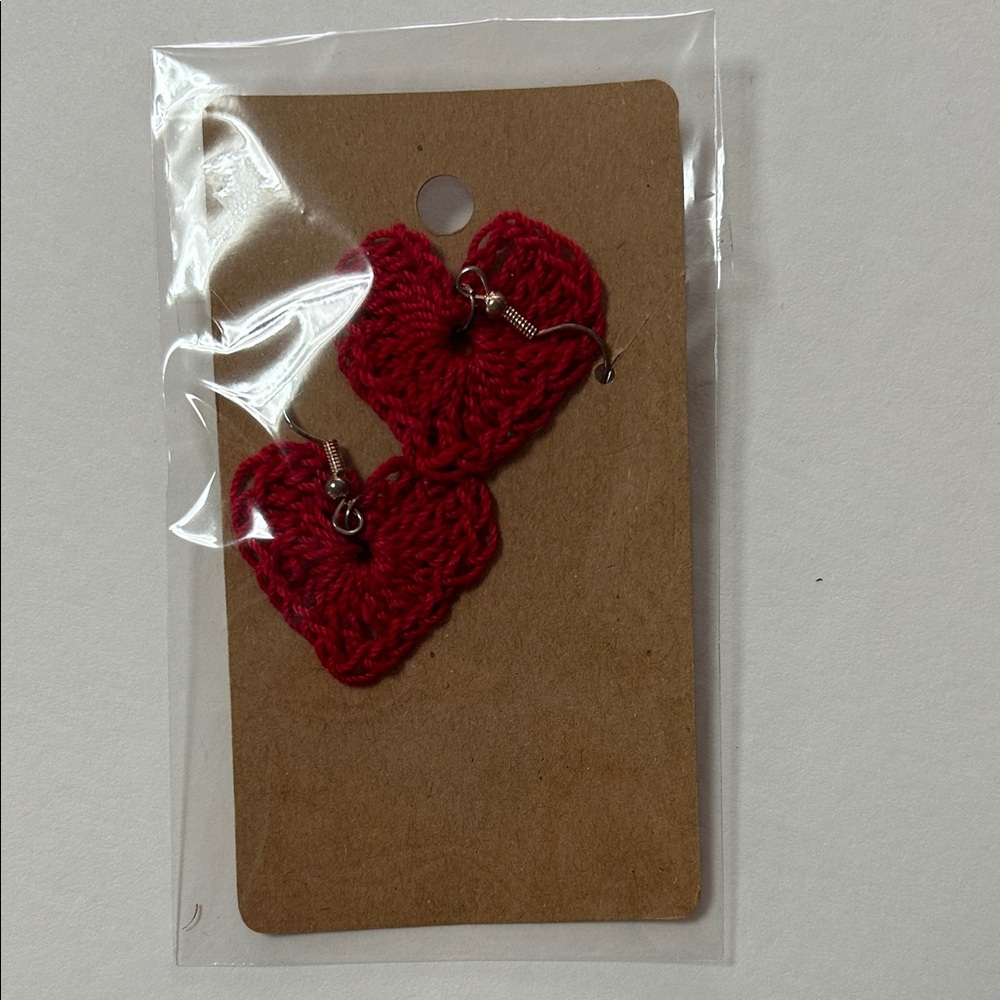 Red Crochet Heart Drop Earrings — Romantic Knit Dangle